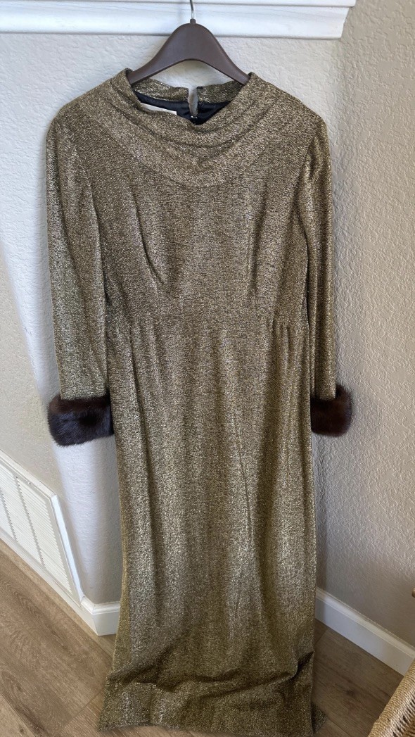 Vintage Saks Fifth Avenue Gold Evening Dress With Brown Mink Cuffs Cameo Brand