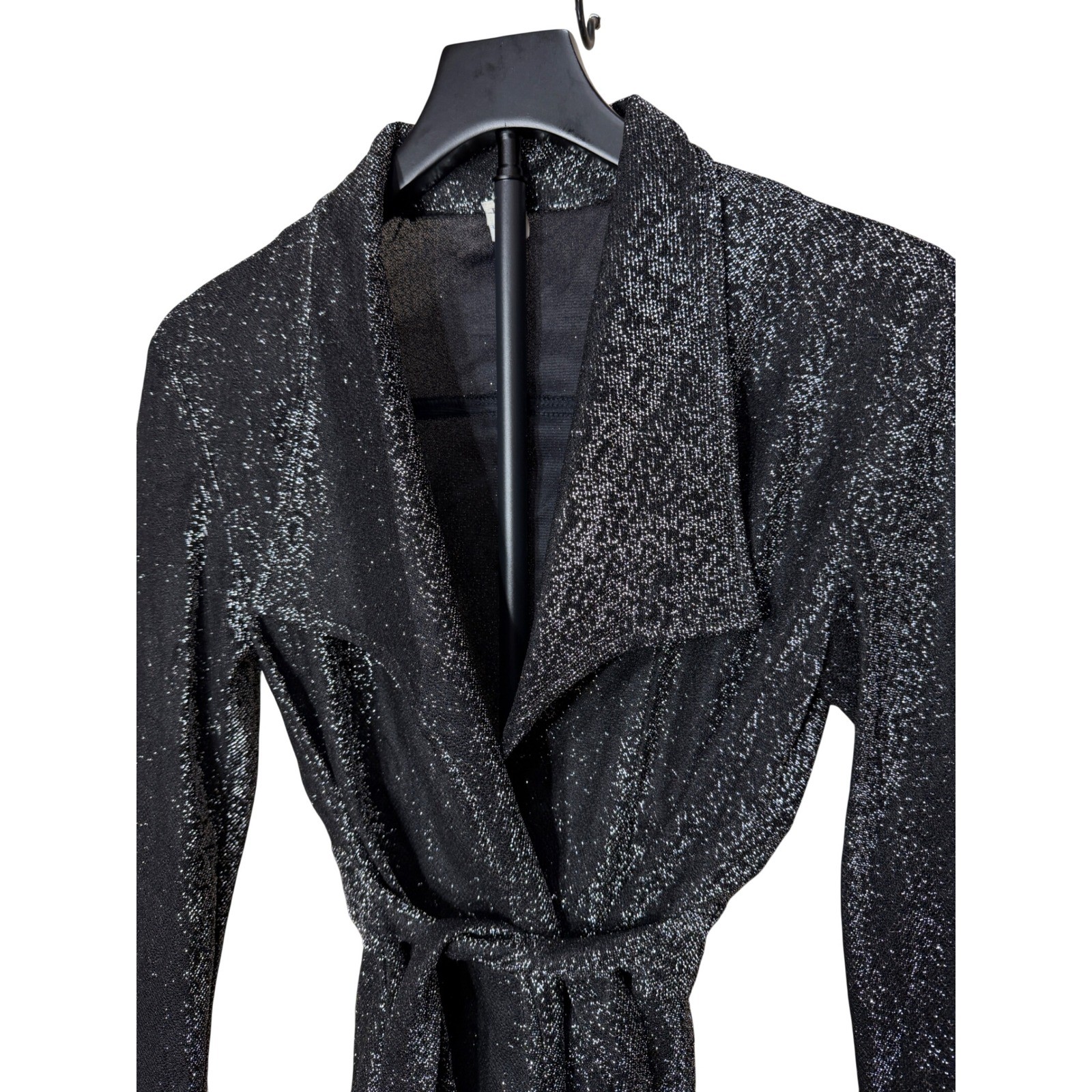 Vintage Metallic Silver Black Wrap Cardigan Tie Waist Shimmer Knit Size 9