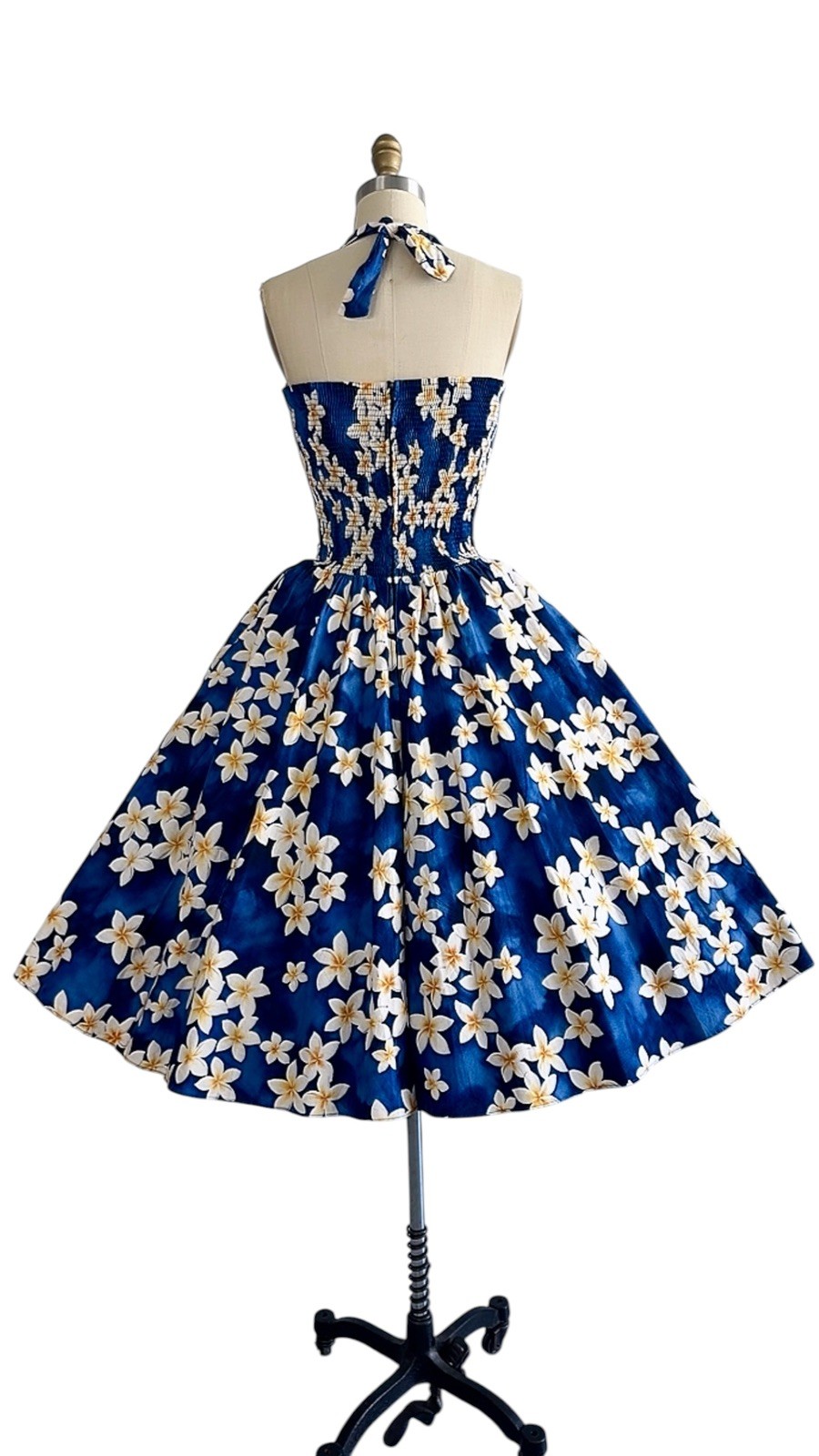 Vintage 1980s 1950s Style Blue Floral HAWAIIAN Pinup Dress Halter Top Sundress