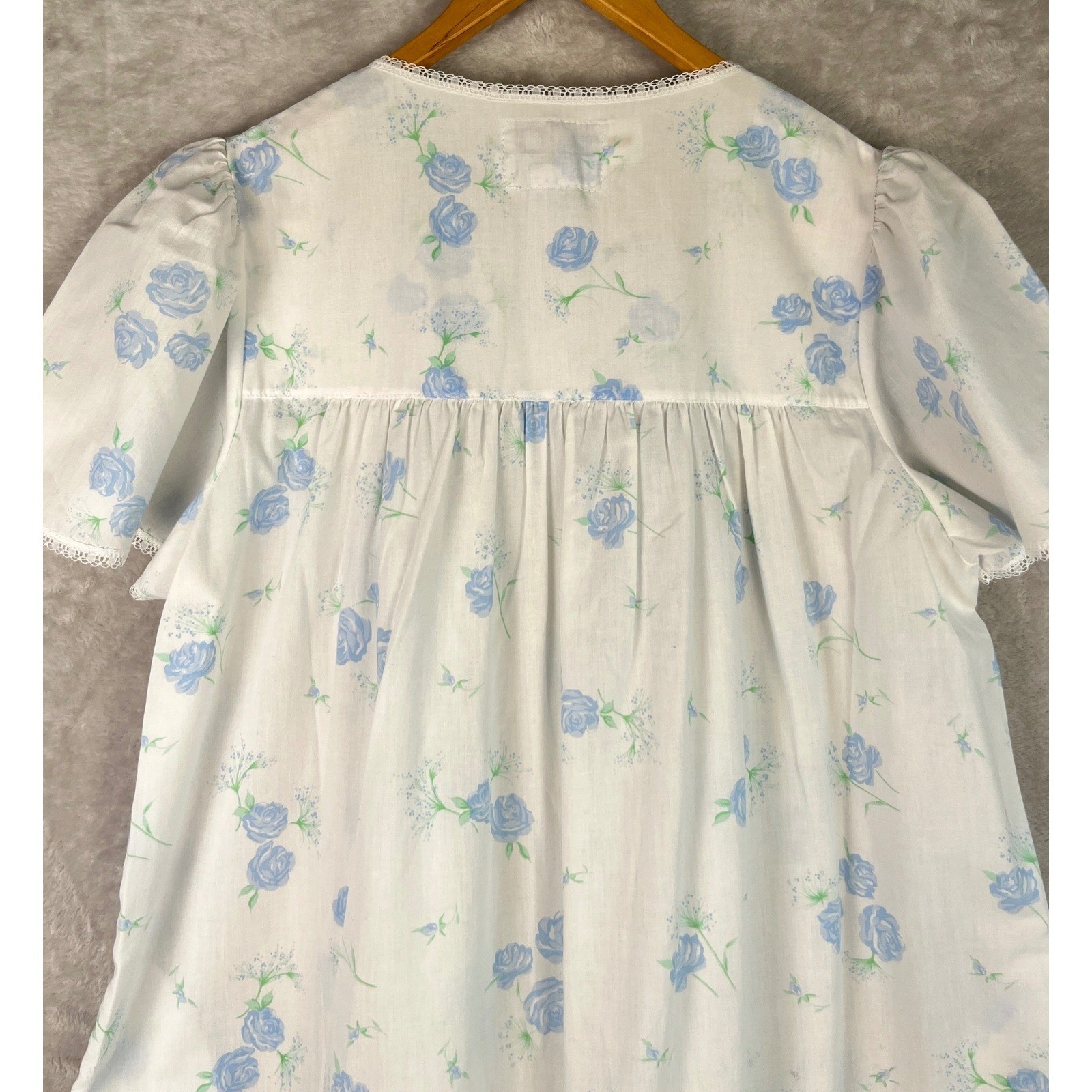 Vintage Aria Nightgown Medium Blue Granny Floral Snap Lace House Dress Long