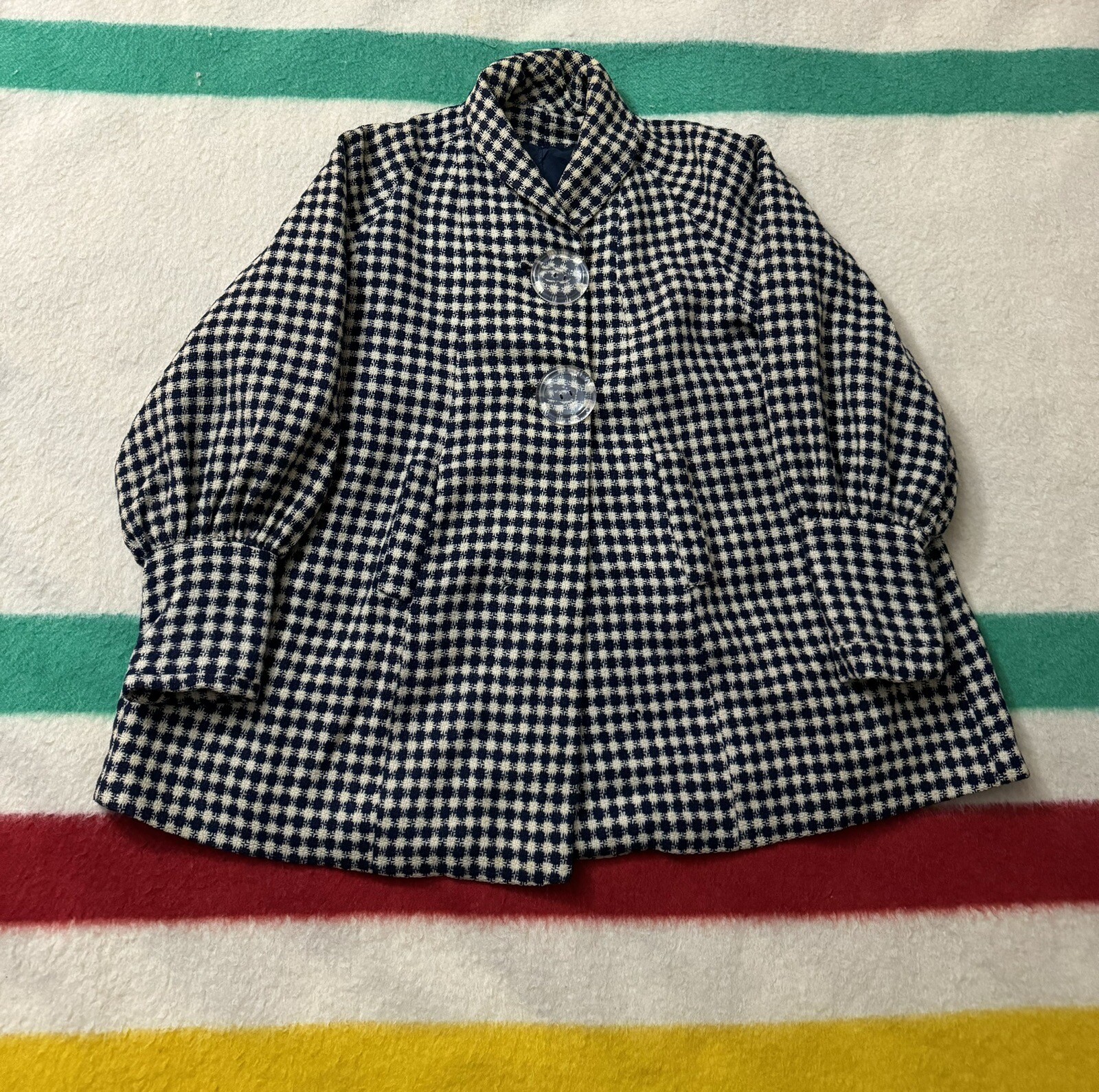 30s 40s 50s Fillmoor Plaid Coat Jacket Medium M Bakelite Clear Celluloid Buttons