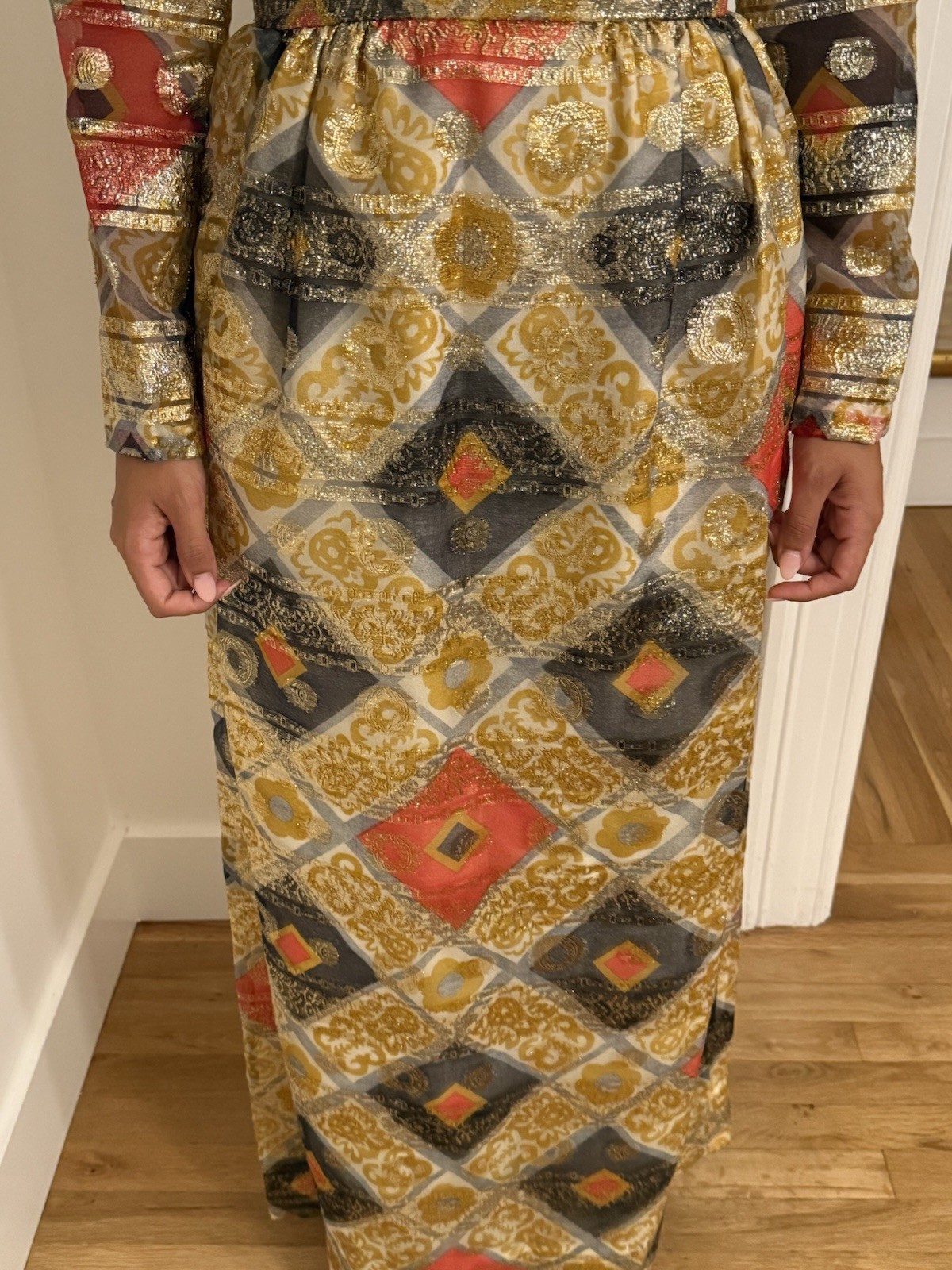 Vintage 70s Joseph Magnin Metallic Brocade Maxi Dress Gold Lurex Evening Gown