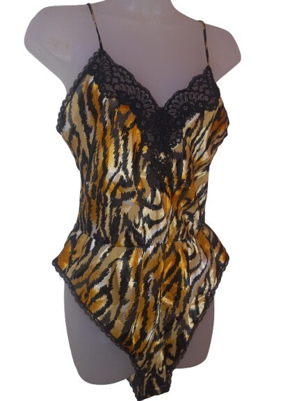Vintage 80s Lucie Ann Tiger Gold Lurex Snap Crotch Sheer Teddy Lingerie S
