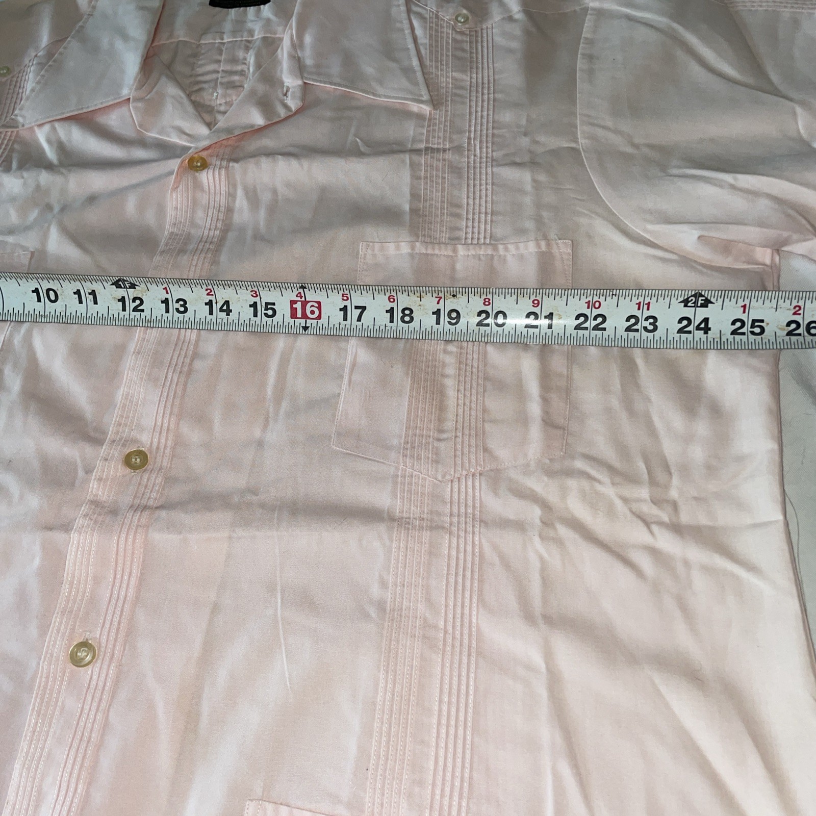 Vtg ’80s Van Heusen Pink Guayabera Embroidered Cuban Button Shirt Sz 17 1/5