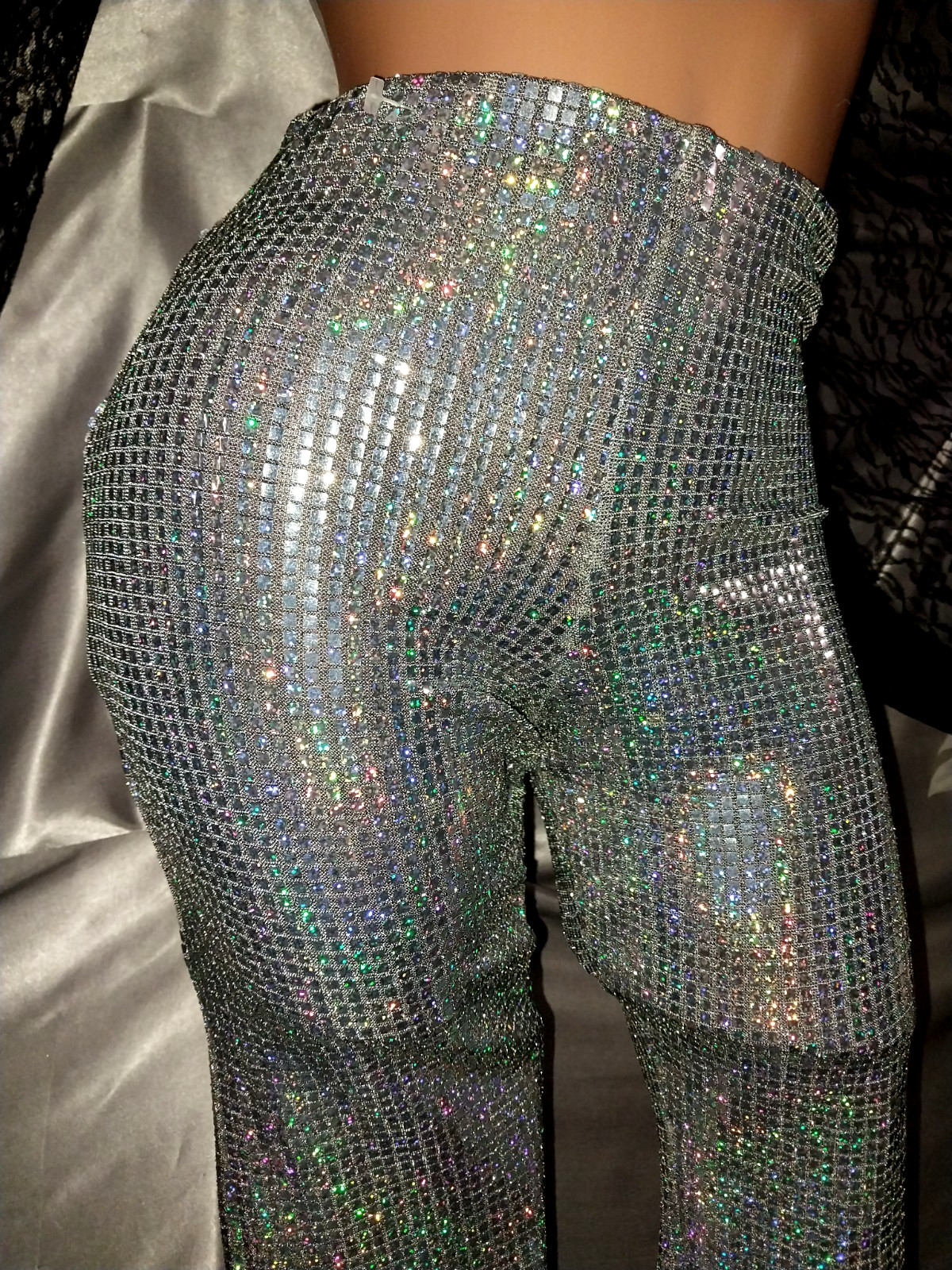 VTG SATIN SHINY CARNIVAL FLASHBULB HOLOGRAM SILVER DISCO SPANDEX FOIL PANTS