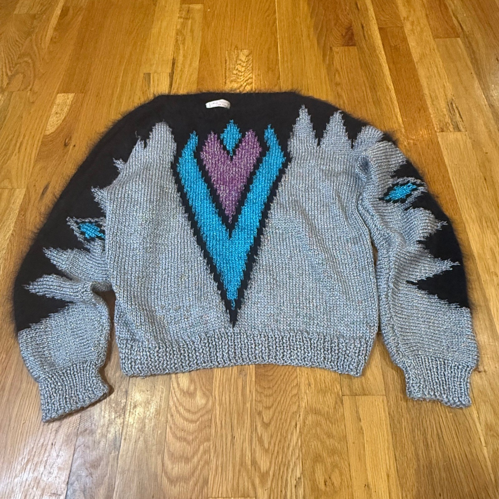 Louise Prior Vintage 80s Hand Knit Mohair Metallic Geometric Sweater Silver L