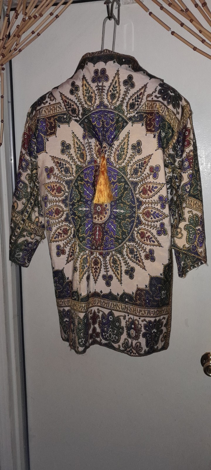 Vtg 60s 70s Tassle Hood DAMASK Jaquard Tapestry Rayon Ethnic Morroco Jacket Coat