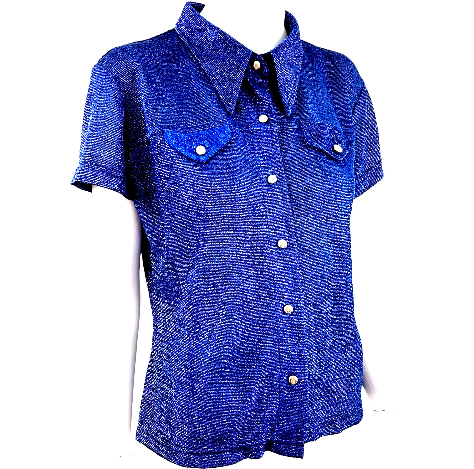 Vintage Blue Lurex Blouse Westco Collared Short Sleeve Button Up Shirt 1980’s