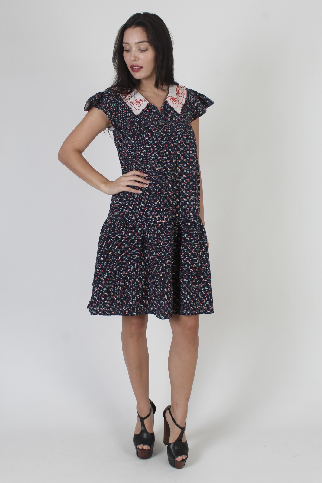 Vtg 70s A Line Novelty Umbrella Print Swiss Polka Dot White Collar Tent Dress