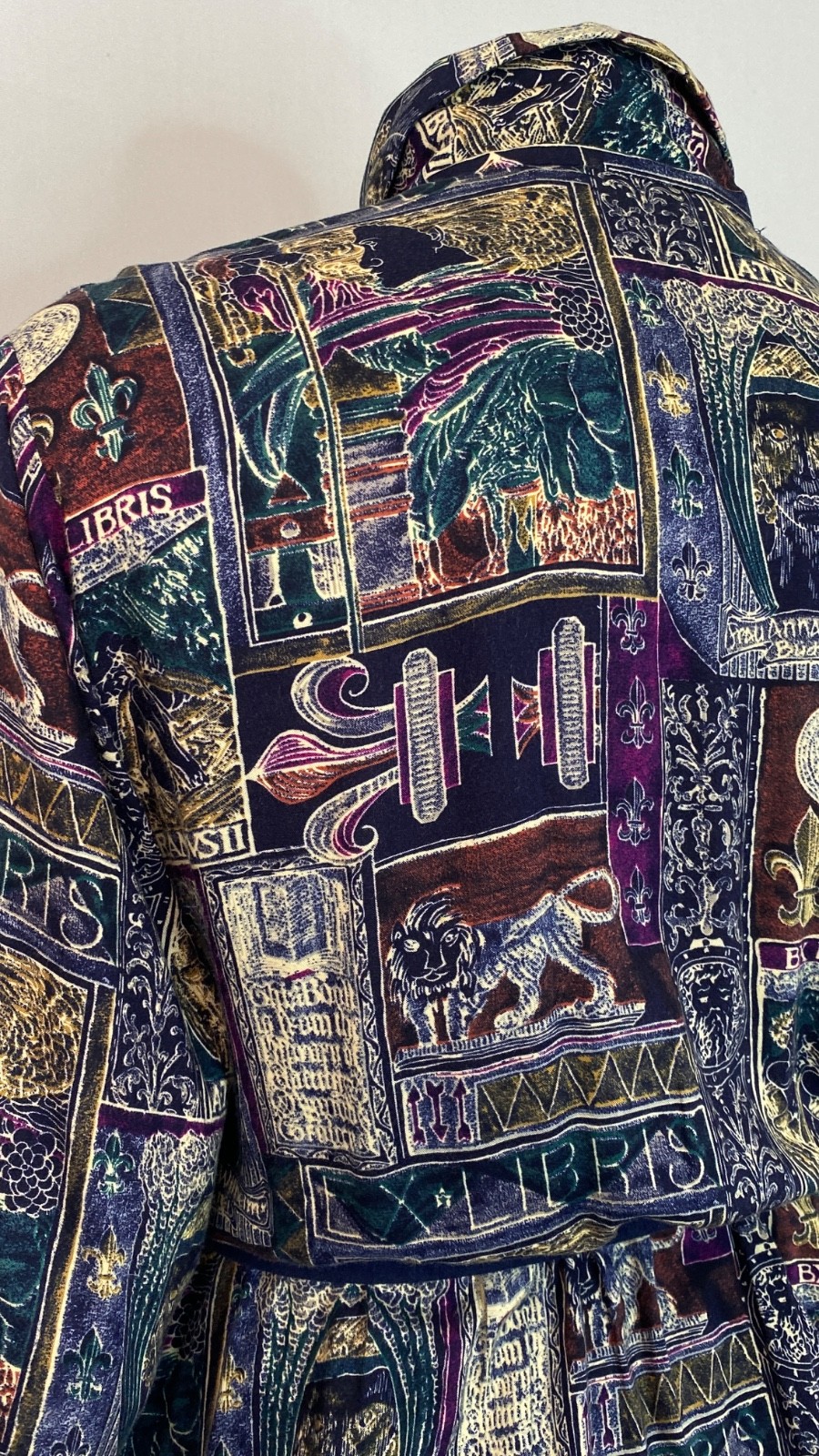 Vintage 1980s novelty print midi dress XL rayon long sleeve plus size purple