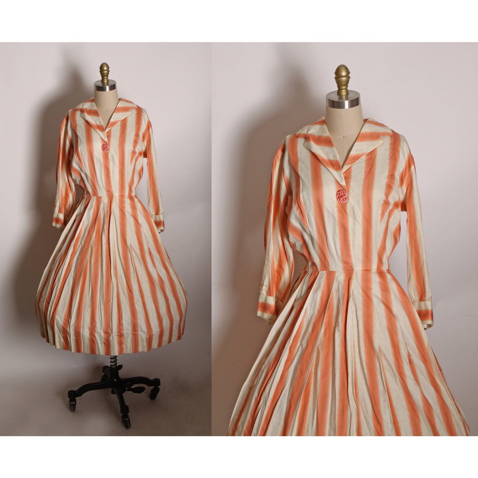 1950s Peach Pink Tan Cream 3/4 Length Sleeve Fit and Flare Dress by Julie Miller