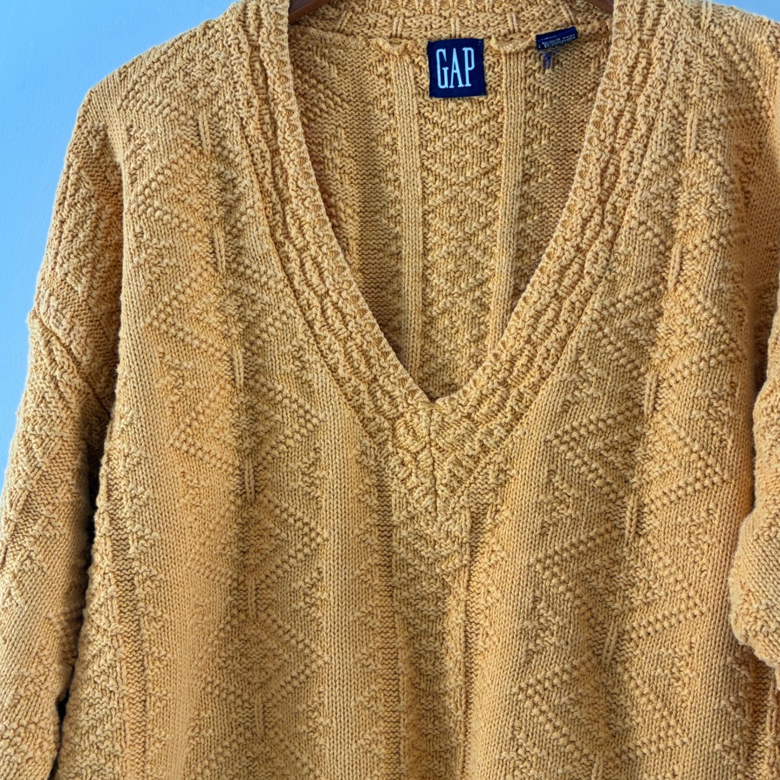 Gap Vintage 90s Mustard Yellow Textured V-Neck Sweater Ramie Cotton Womens Large