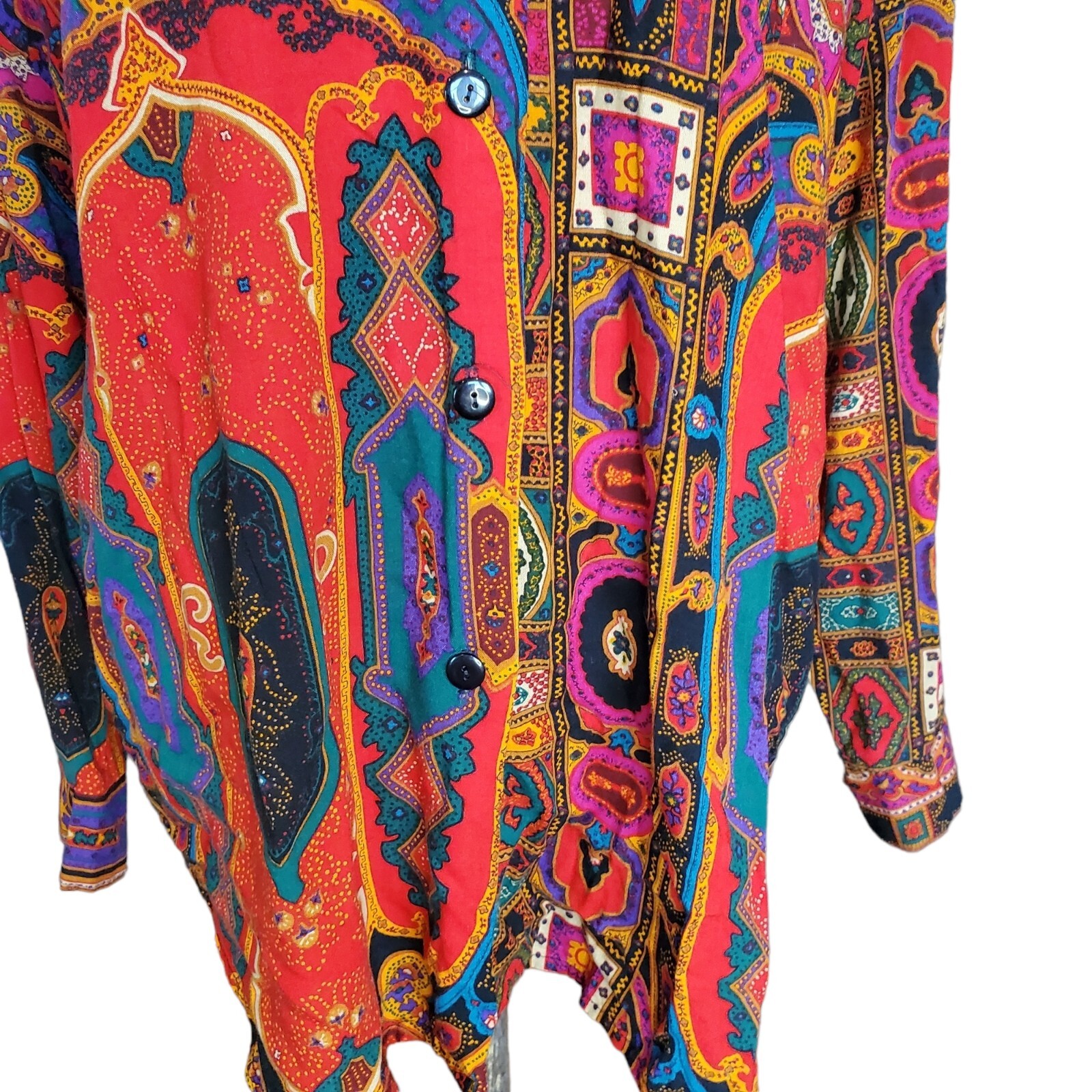 Vtg 80s 90s Colorful Abstract Paisley Blouse M/L Rayon Boho Button Up Red