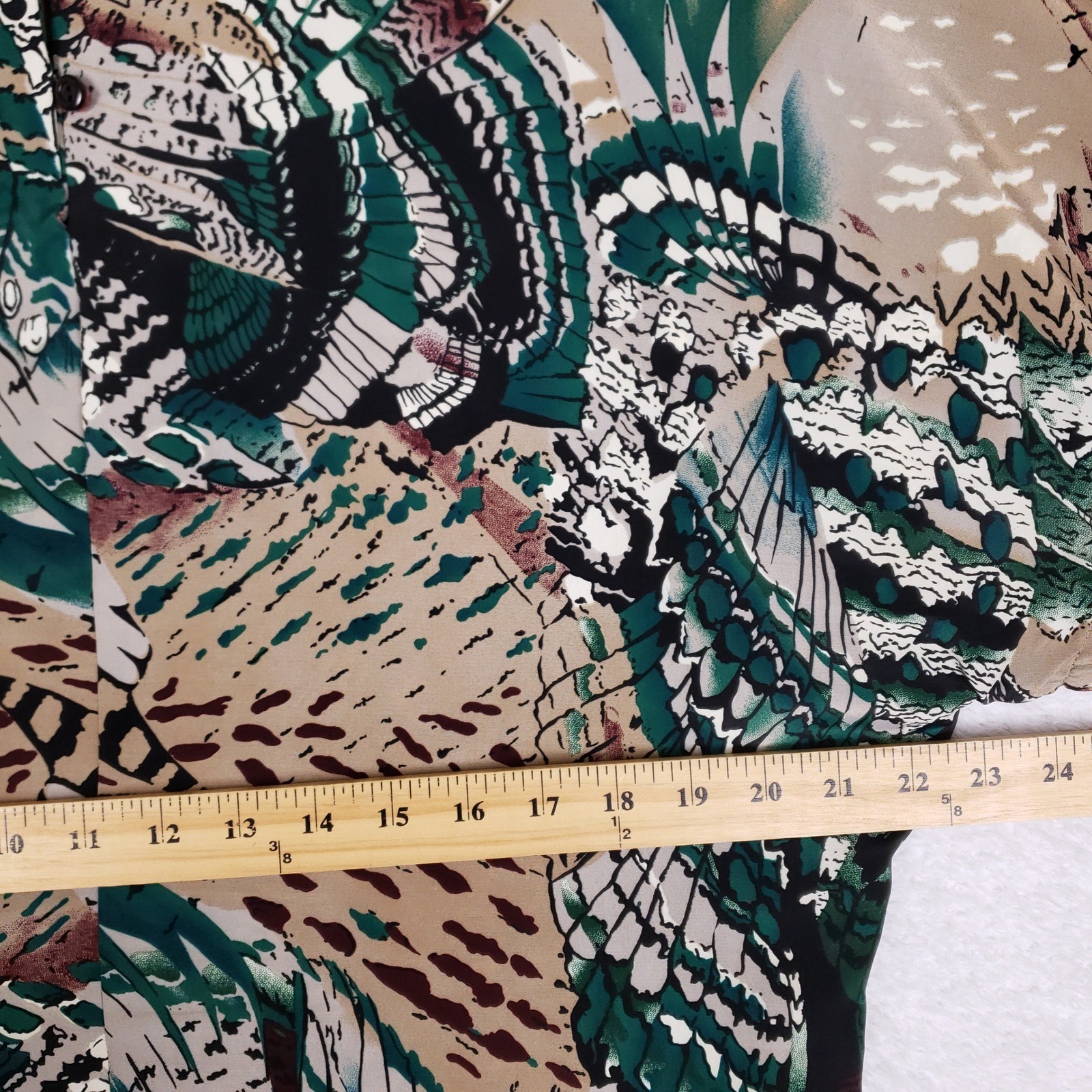 Vintage Caviar 80s Abstract Feather Print Boxy Blouse Green Tan Size L USA Made
