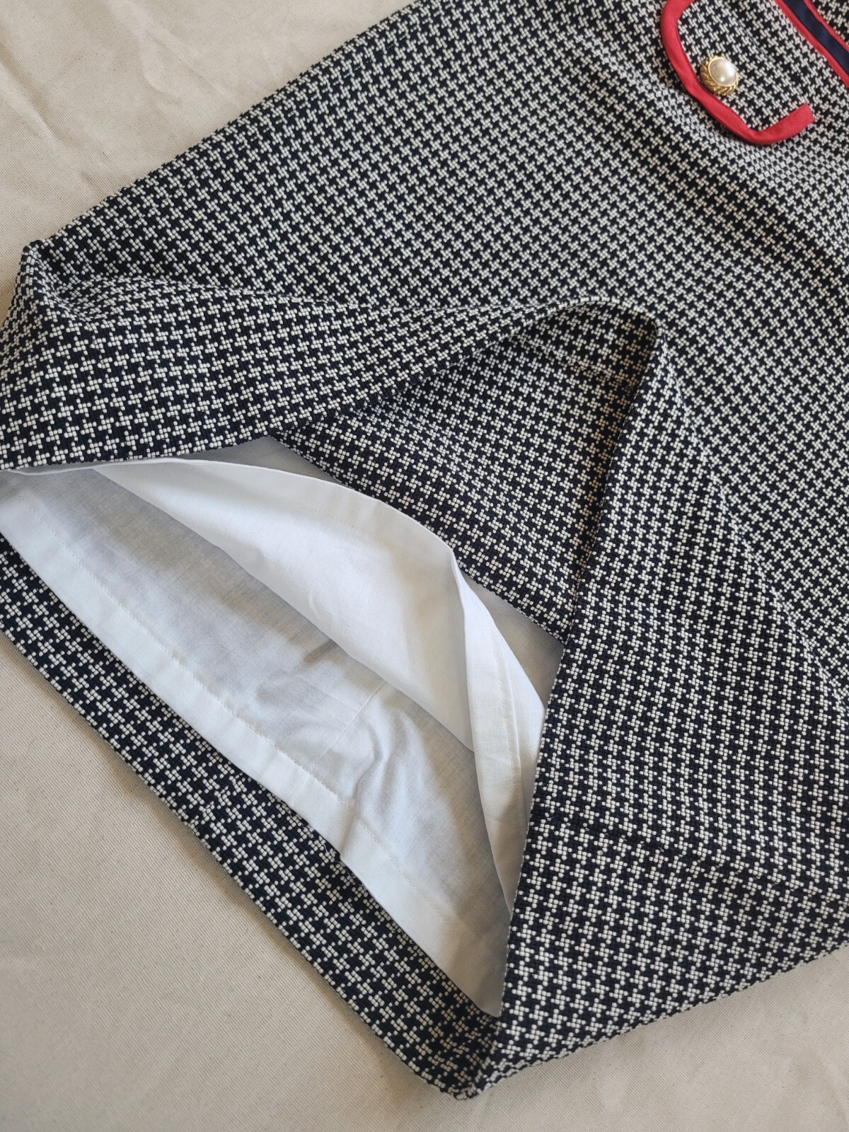 Vintage Handmade Tweed Kate Dress Elegant Classic Black White Red Trim Size M