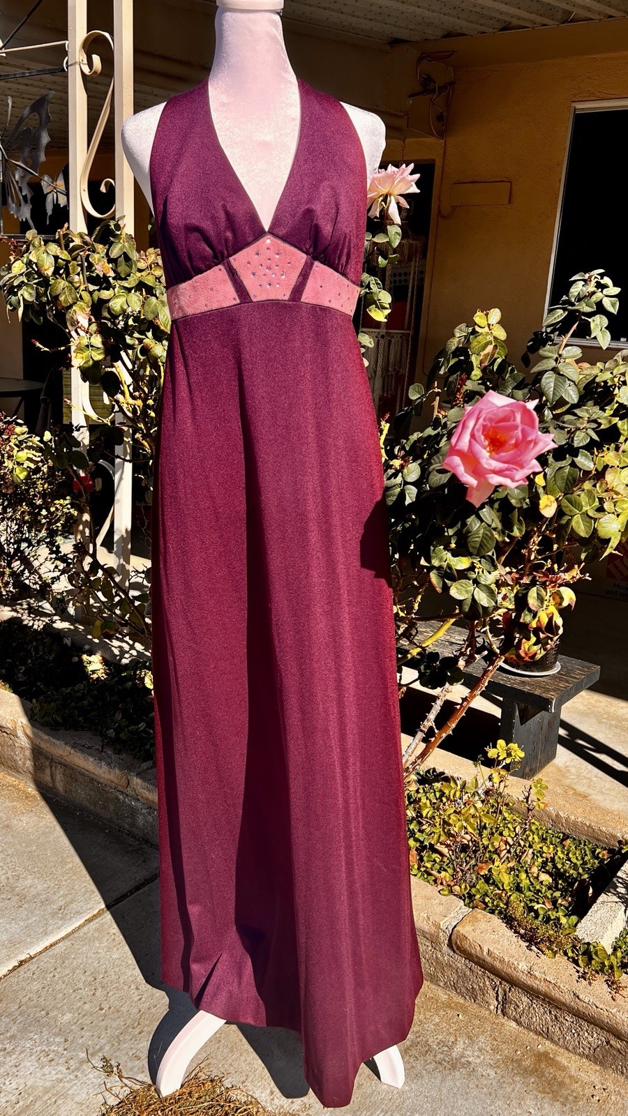 Vintage Glam 1970’s Bow Burgundy Pink Suede Rhinestones Halter Gown! Sz 6-8