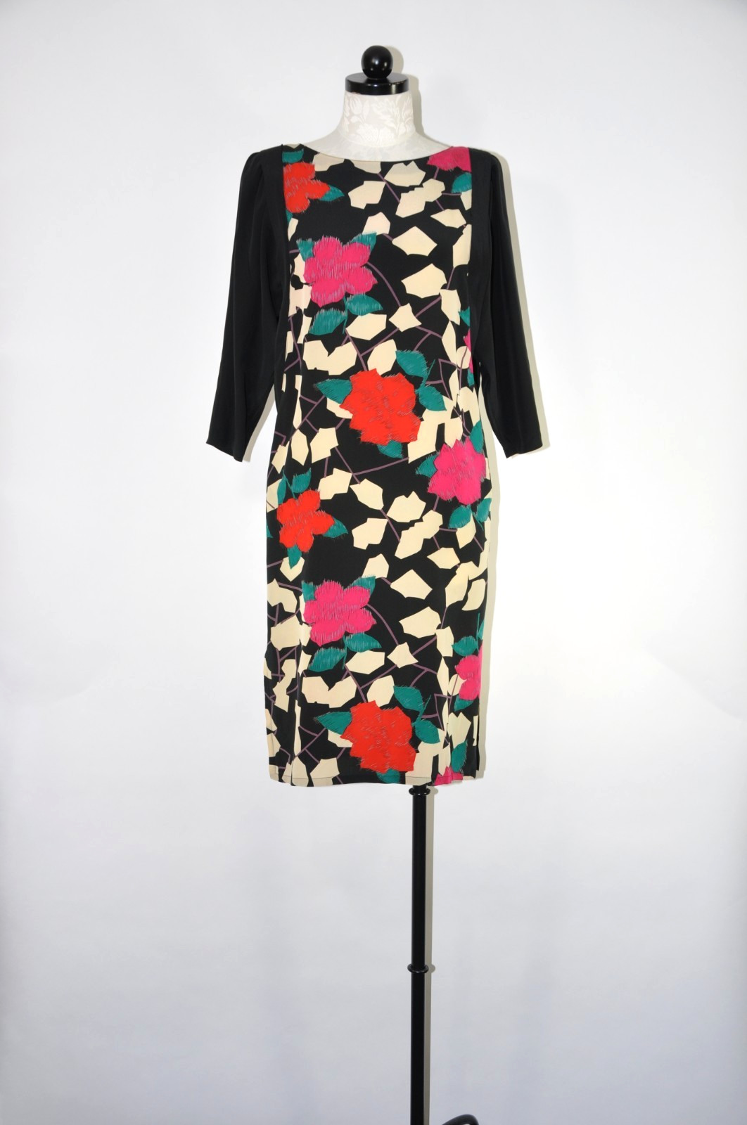 80s Vintage Nora Noh Silk Red Pink Rose Print Puff Sleeve Shift Dress Women S