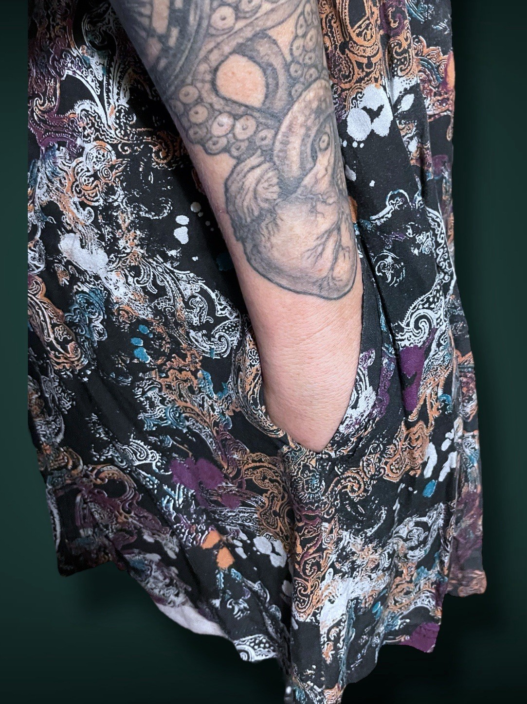 1990’s Black & White Paisley Print w Purple, Teal & Rust Bleach Splash Sundress