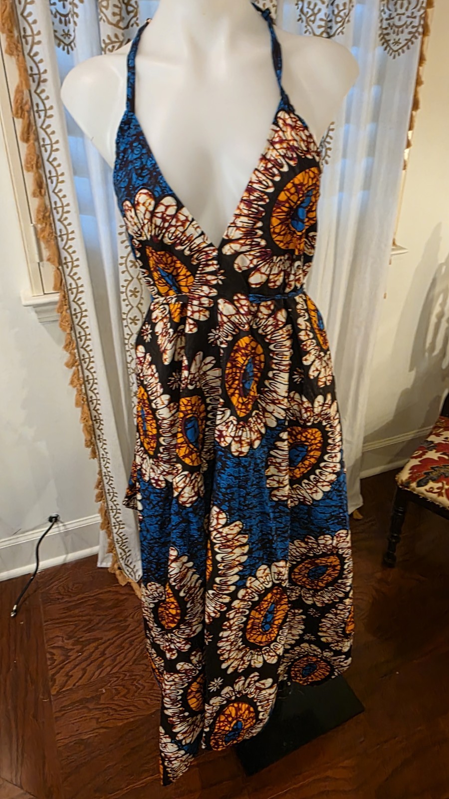 Handmade African Bombchel Multicolor Print Halter Maxi Dress Black Blue OS