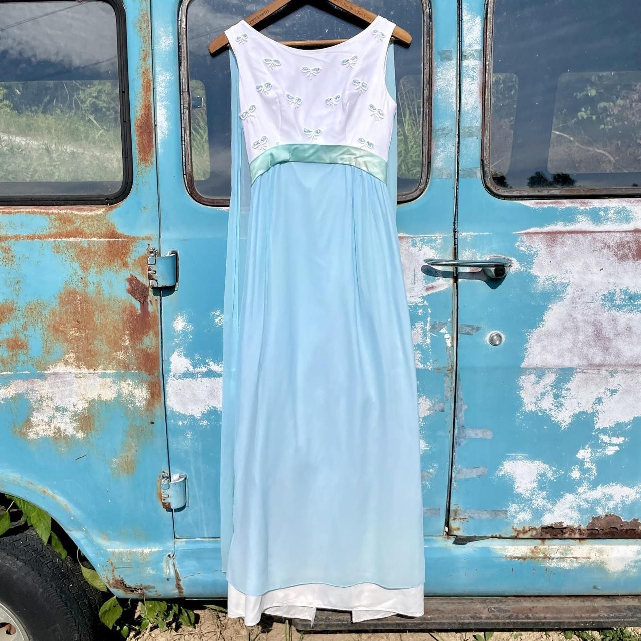 1960s white & blue formal dress w/ blue sheer back cape, beaded bust & satin bow