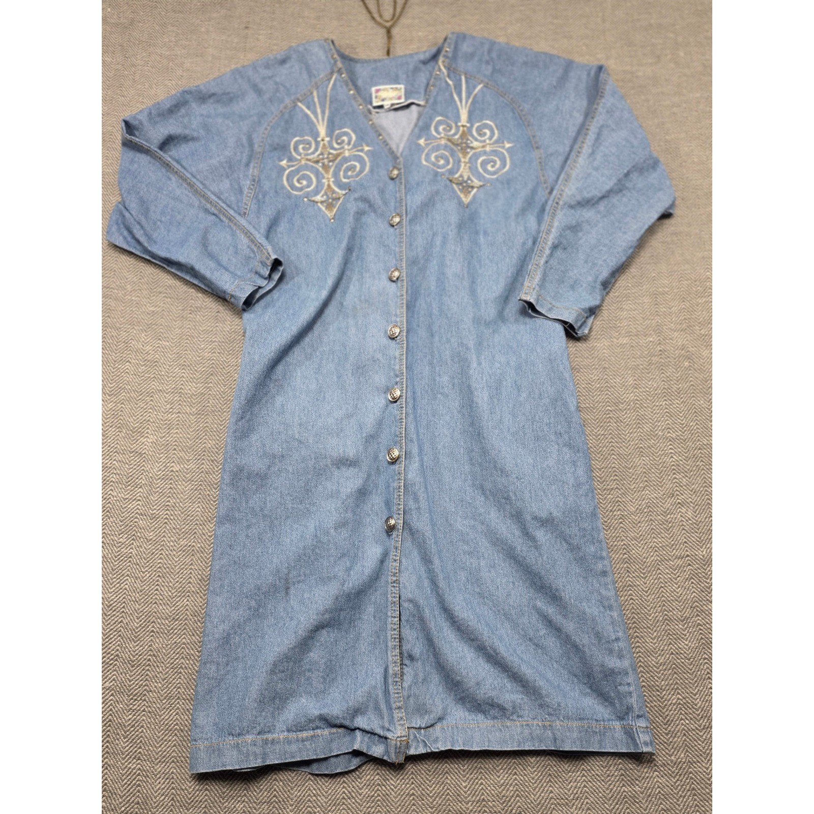 Monique Fashions Vintage Denim Duster Dress Studded Embroidered Light Wash Sz 14