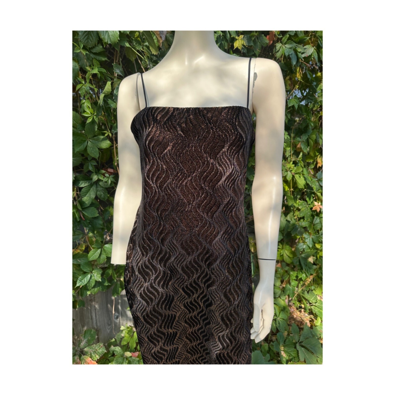 Vtg | 90s Formal Gown Dress Velvet Burnout Copper Metallic Spaghetti Straps 14