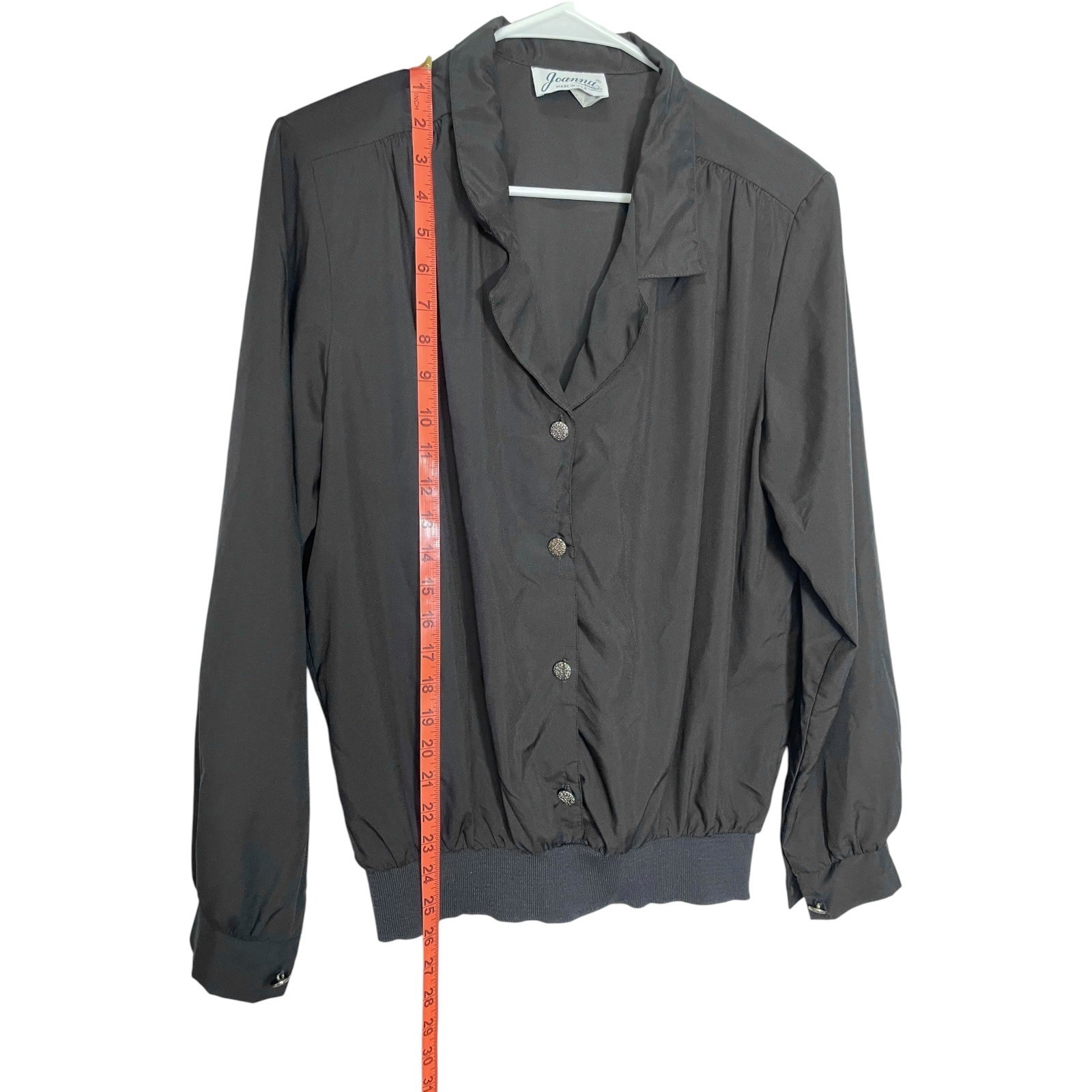 Vintage Joanna 14 Black Blouse Button Up Banded Hem Shoulder Pads Dark Academia