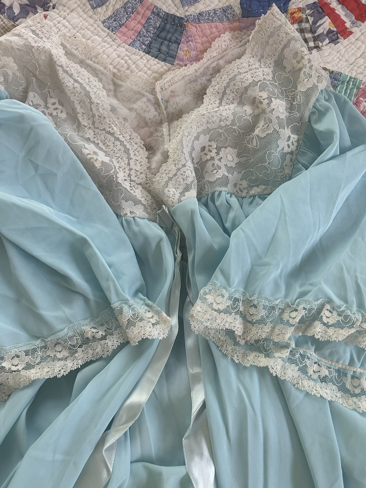 Vtg Baby Blue Lane Bryant Mid Length Peignoir Nightgown Robe Set Nylon 46/48