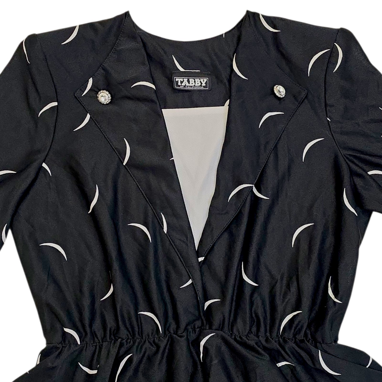 Vintage Tabby of California Dress Peplum Waist Black White Crescent Moon M 80s