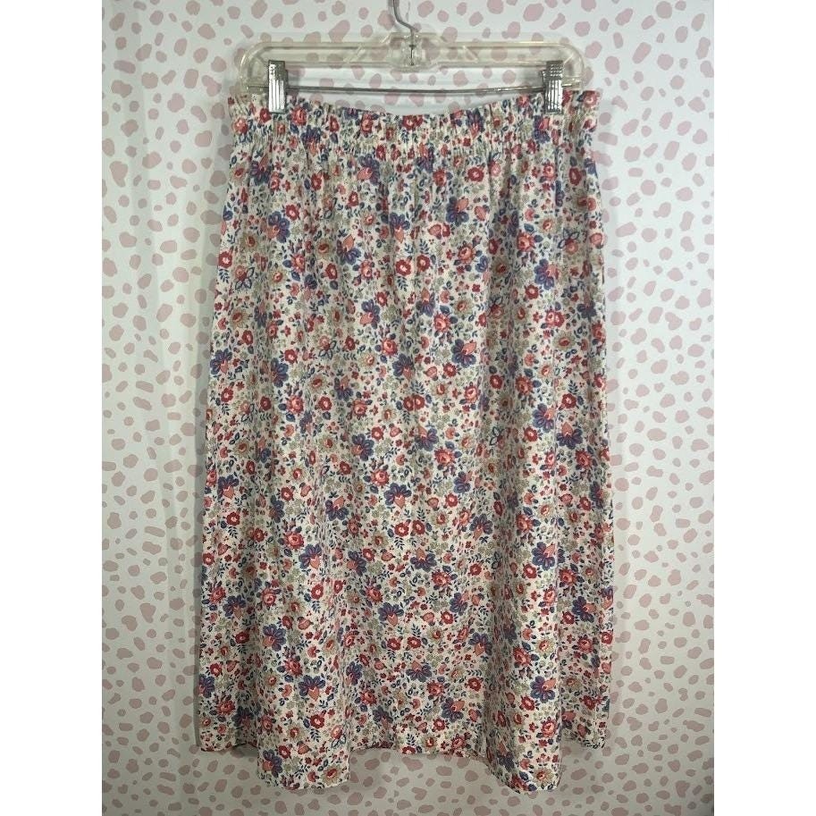 Picket and Post Vintage Floral Midi Skirt Red Blue Calico Elastic Waist Cottage