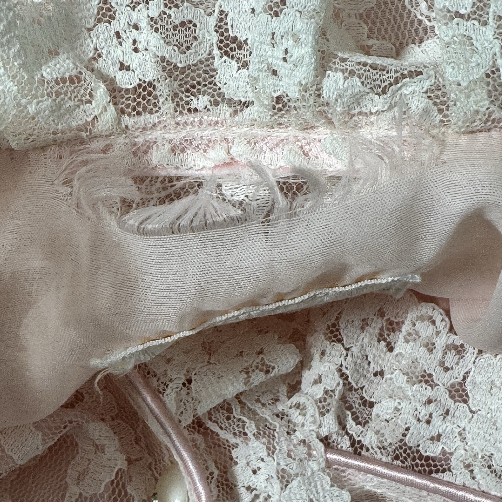Vintage Pink Lace Maxi Robe Sheer Overlay Pockets Tie Waist Romantic M READ