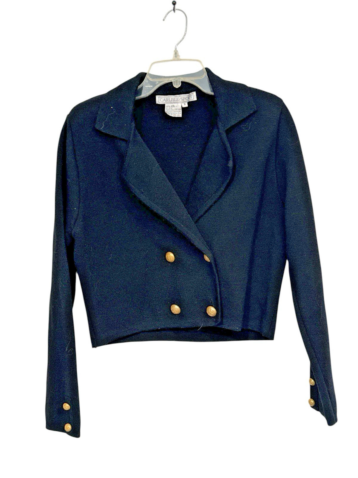 Vintage 100% Wool Knit Double Breast Blazer Black Jacket Cropped Women’s Small