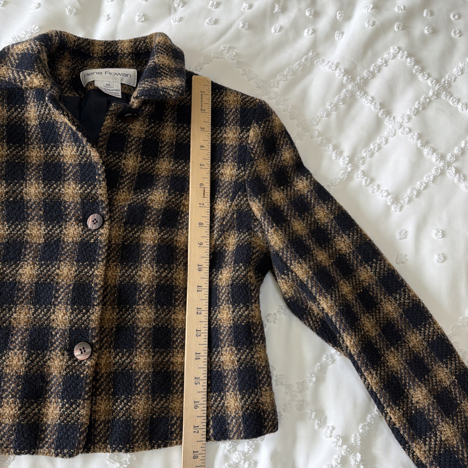 Vintage Rena Rowan Cropped Wool Blazer Jacket Women’s 12 Plaid Button Blue Brown