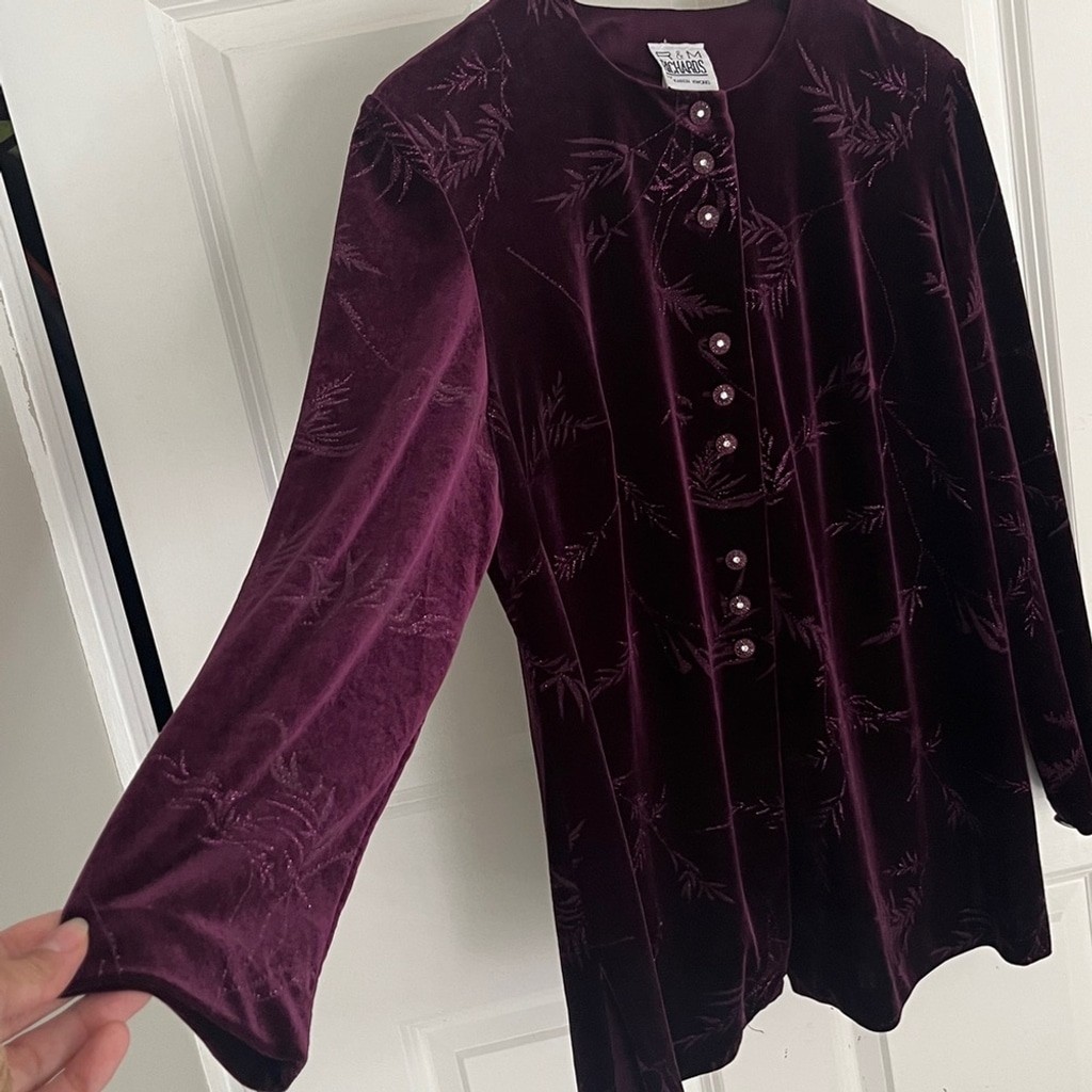 Vintage R&M Richards Plum Velvet Embroidered Long Sleeve Blouse vntg sz 14