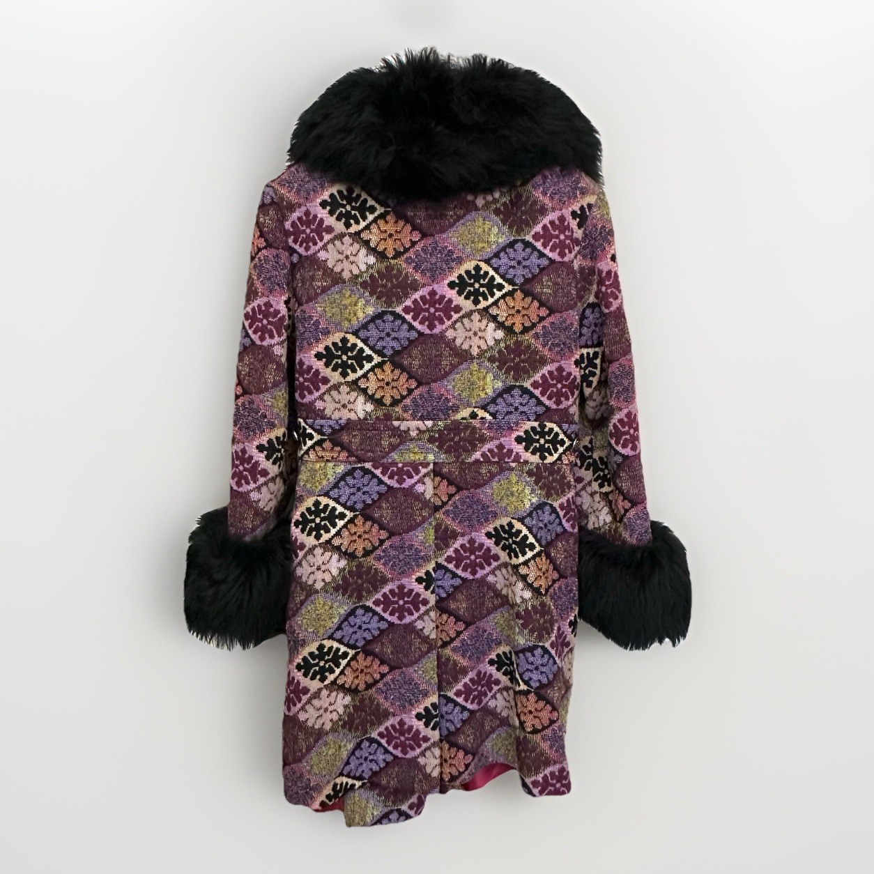 Vintage Tapestry Carpet Bag Long Coat Womens Purple Mosaic Belted 70s Boho Hippy