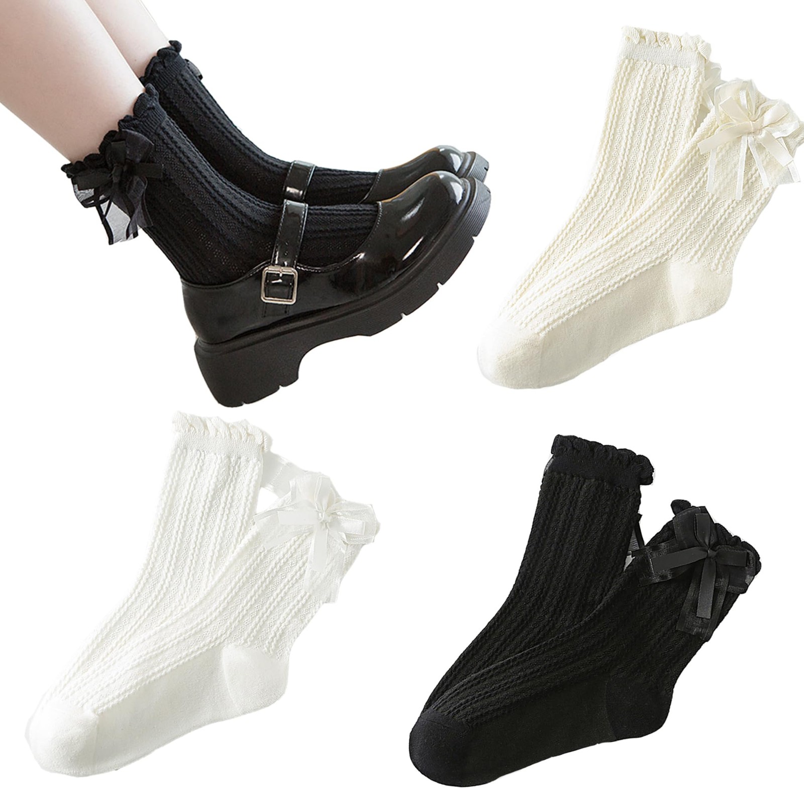 Benefeet Sox Lace Ruffle Frilly Ankle One Size, Bow(black,white,cream)
