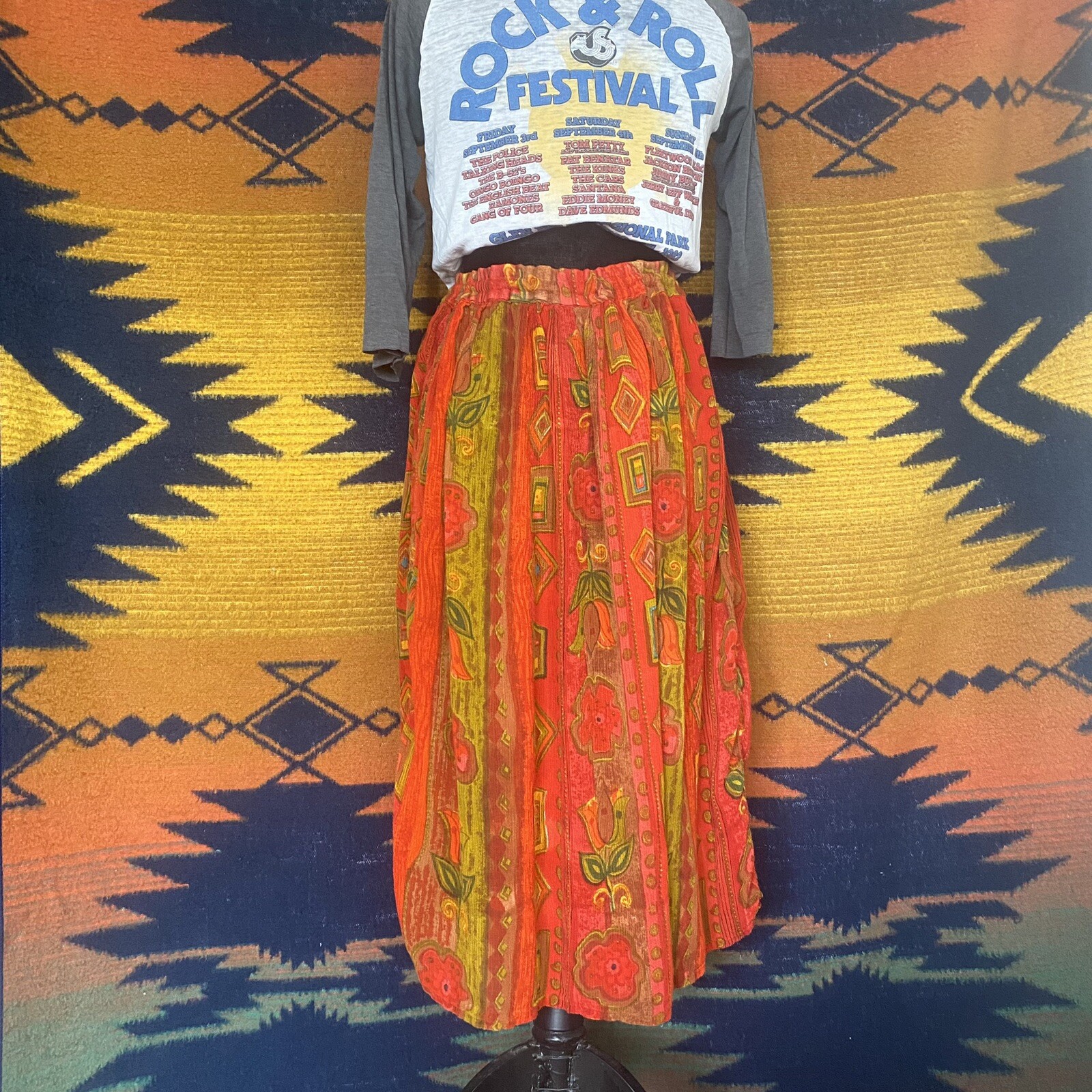 Vintage Zanana by Saraf Floral Maxi Rayon Skirt. OSFM. Tie Waist. India.