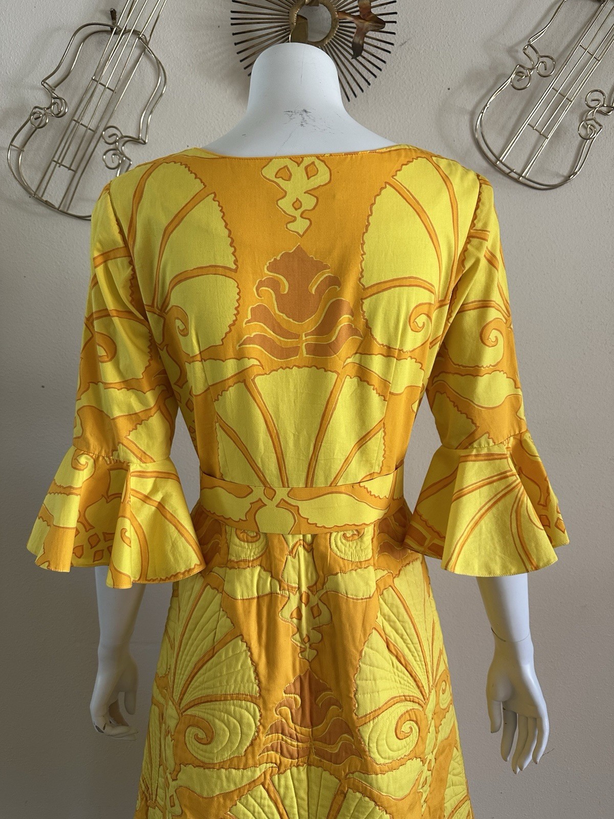1960s Van Dee Bangkok Quilted Maxi Dress Psychedelic Bell Sleeve Resort Hostess