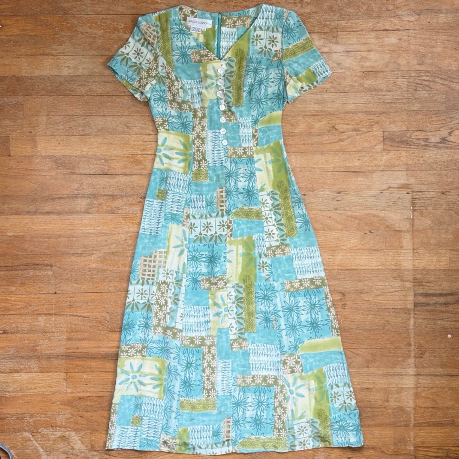 Vintage Patchwork Floral Print Silk Dress 90s Maggy London Green/Blue Maxi