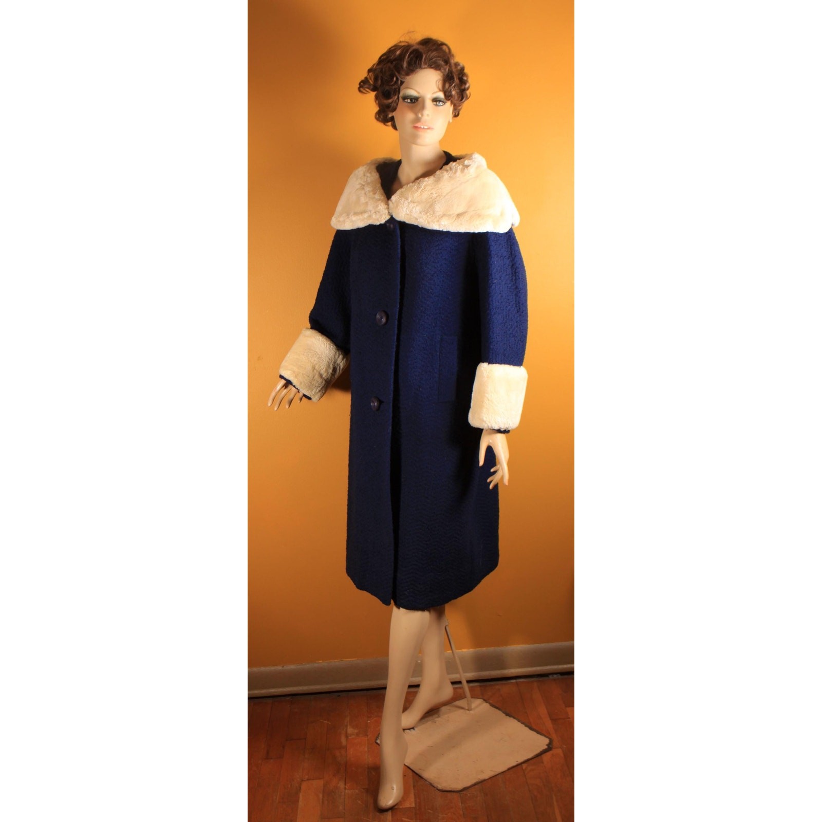 1950s Blue Long Sleeve Cream Sheared Chinchilla Fur Cuff Collar Coat by Adler’s