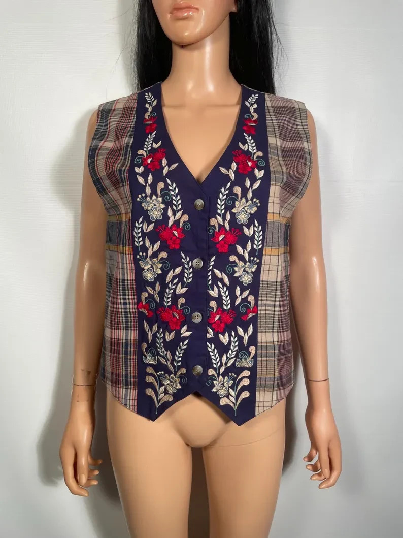 Vintage 1990s Embroidered Floral And Plaid All Cotton Vest Size M