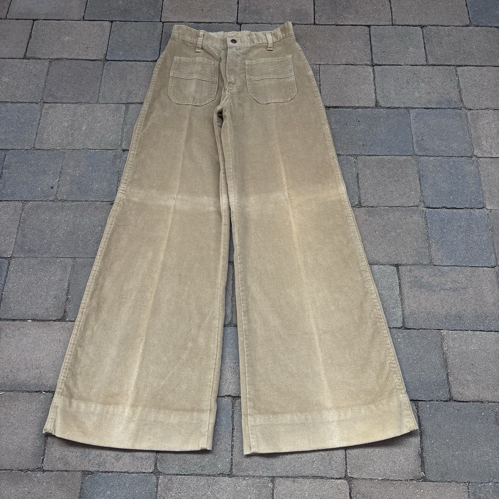 VTG Plush Bottoms Bell Bottom Snap Fly Pants Boho Hippy 27×31 Khaki Twill 70s