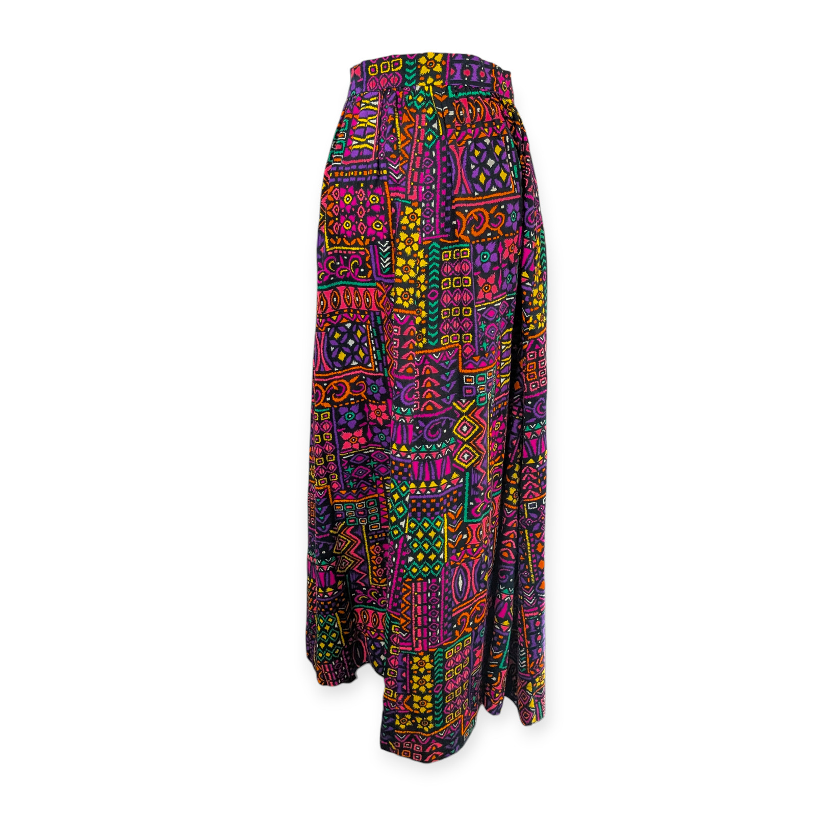 60s 70s Barkcloth Wood Block Print Maxi Skirt ~ neon small groovy