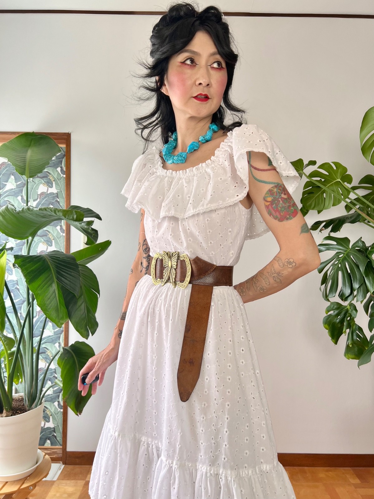 VTG 70s Lanz White Eyelet Lace Off Shoulder Ruffle Cotton Midi Prairie Dress S