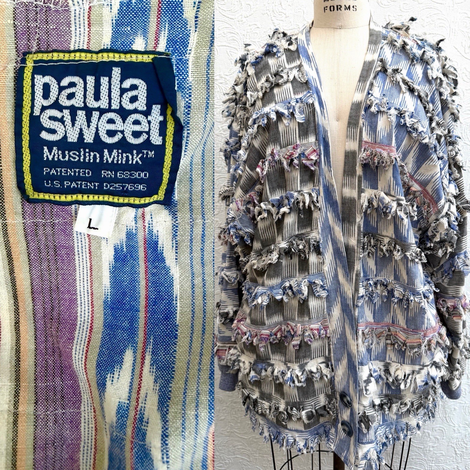 Paula Sweet Muslin Mink Ikat Lightweight Cotton Gray White Blue Jacket LARGE