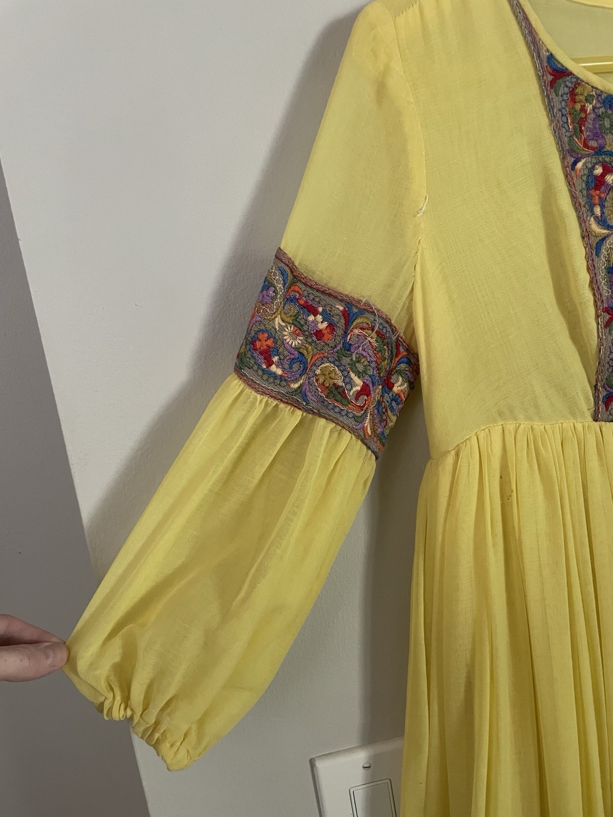 Vintage 70s Beverly Paige Yellow Cotton Gauze Boho Maxi Dress Embroidered Hippie