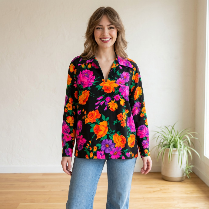 Vtg 70s Black Neon Floral Dagger Collar V Neck Blouse Barkcloth boho hippie