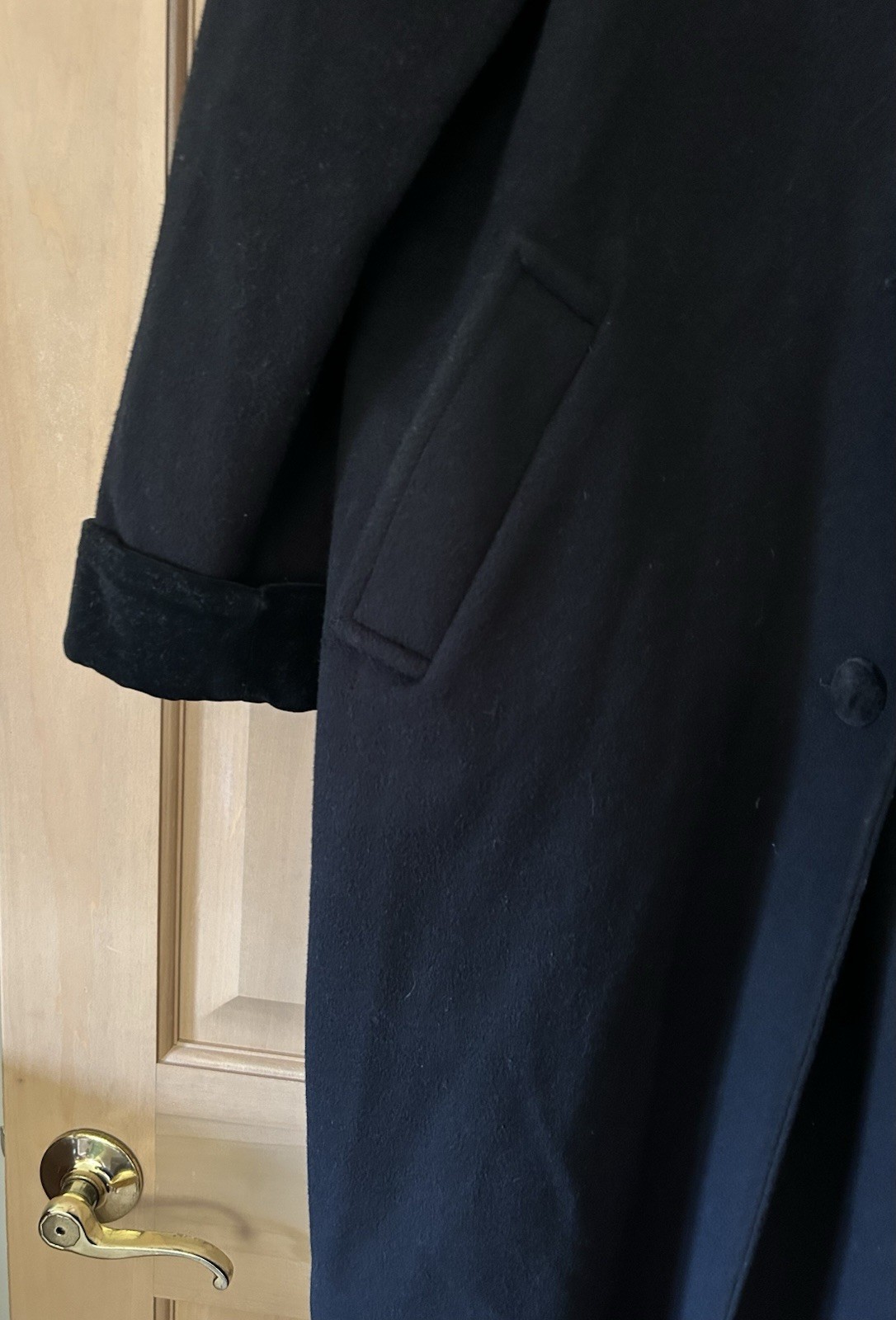 VTG Mario De Pinto Black Wool Hooded Maxi Coat with Velvet Trim Modern Size M