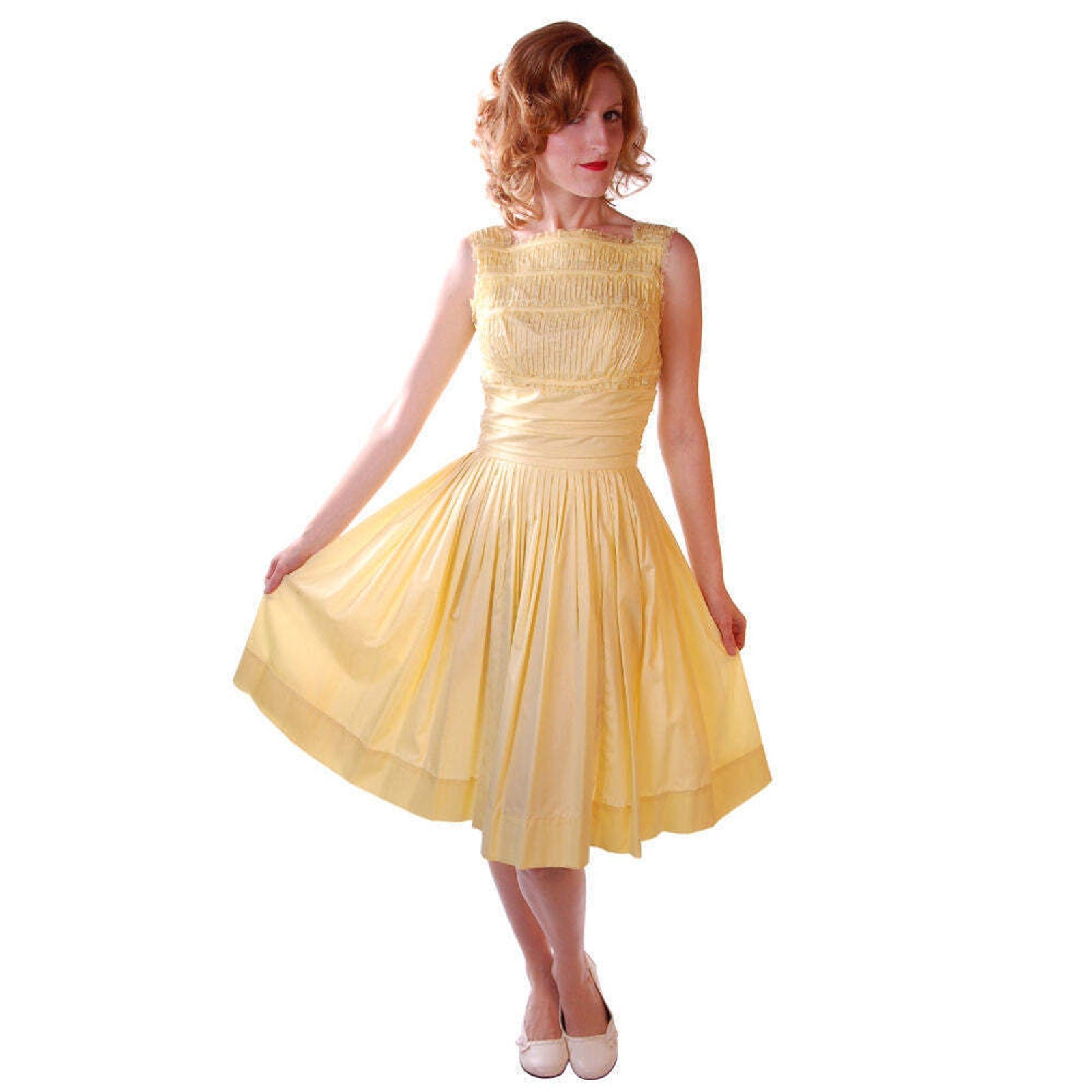 VTG 1950s Wendy Woods Yellow Cotton Sundress Lace Trim Full Skirt XS/S NWOT