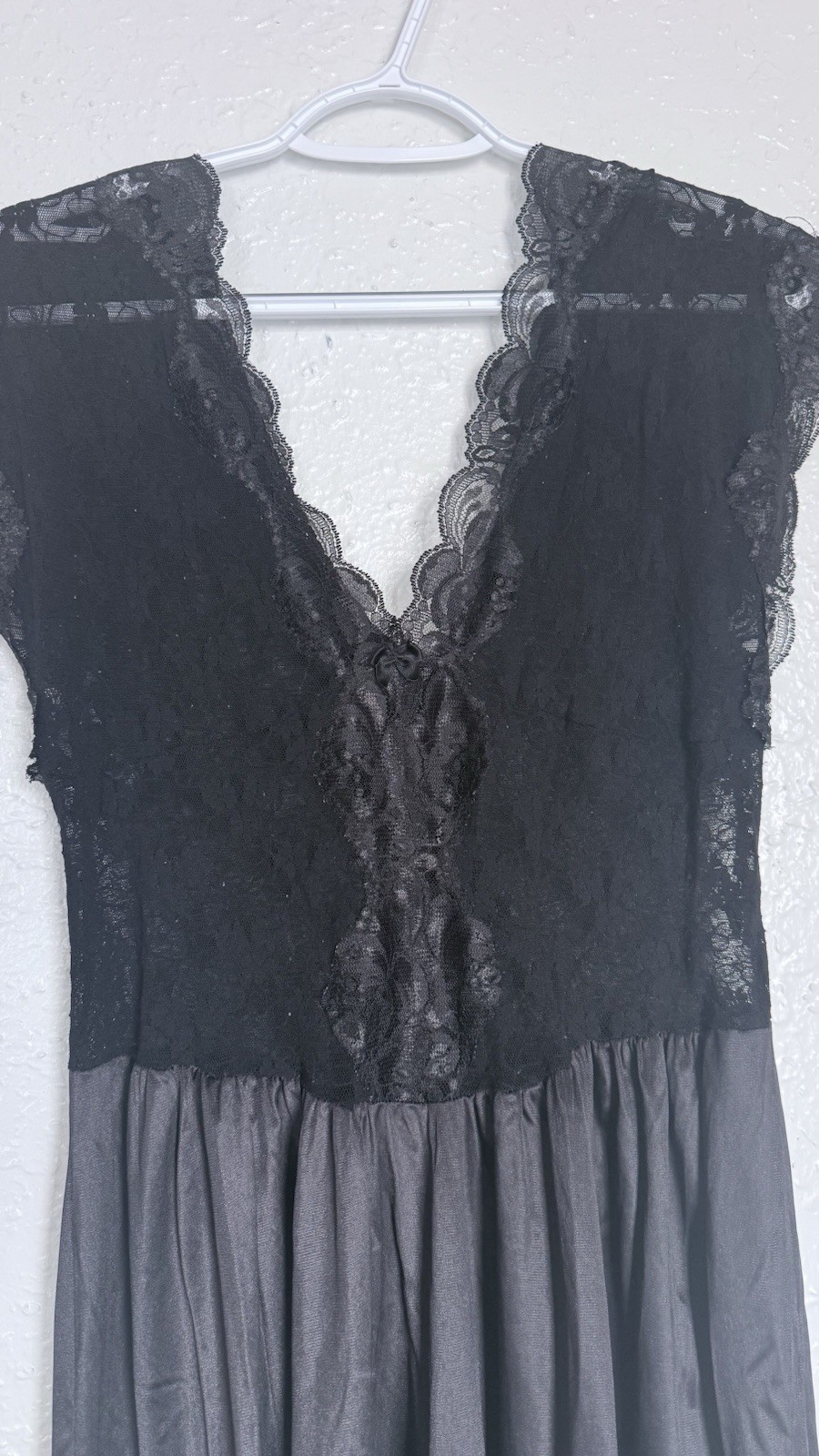 Vintage 80s Black Nightgown Satin Lace Bodice Sz M
